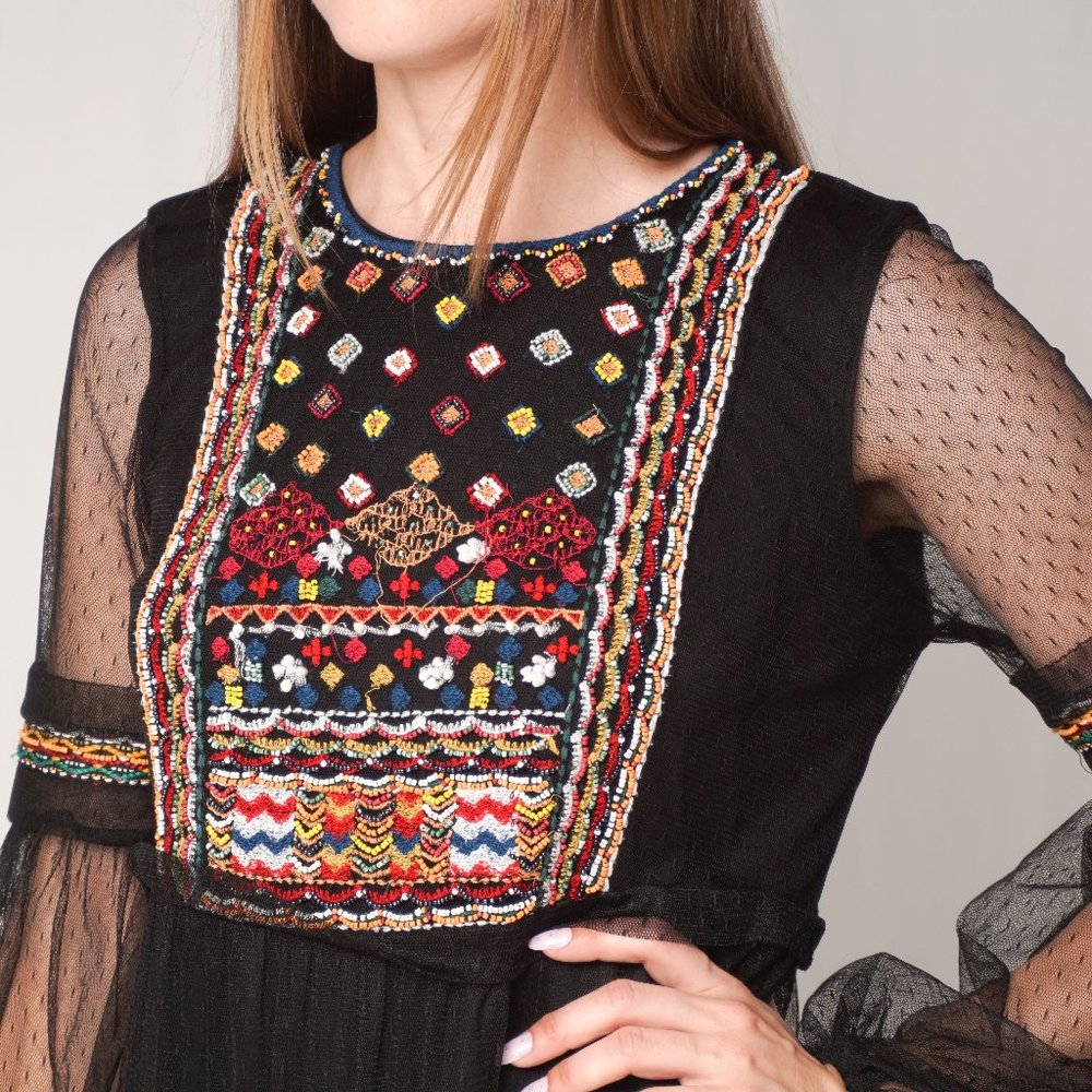 Zara Beaded Embroidered Mesh Black Midi Dress - Picture 2 of 9